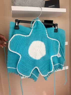 Hand-Crocheted blue & White Flower Top & bottom